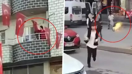 Alev alan tüpü balkondan kalabalığın arasına attı