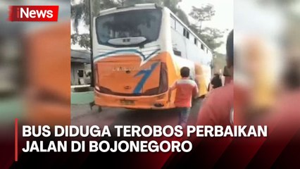 Diduga Rem Blong, Bus Terobos Perbaikan Jalan hingga Dikejar Puluhan Warga di Bojonegoro