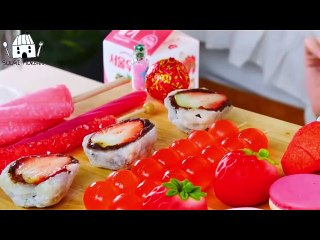 ASMR MUKBANG| Strawberry Desserts[Bead Jelly, Sticky rice cake, Flower cake, Rock candy, Sandwich].