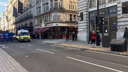 At least 8 police vans are racing through Piccadilly Circus filled with officers holding or wearing riot gear