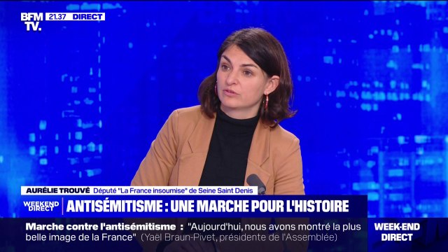 Absence de LFI à la marche contre l'antisémitisme: Nous ne voulions pas que le Rassemblement national puisse penser qu'il a toute sa place , affirme la députée Aurélie Trouvé