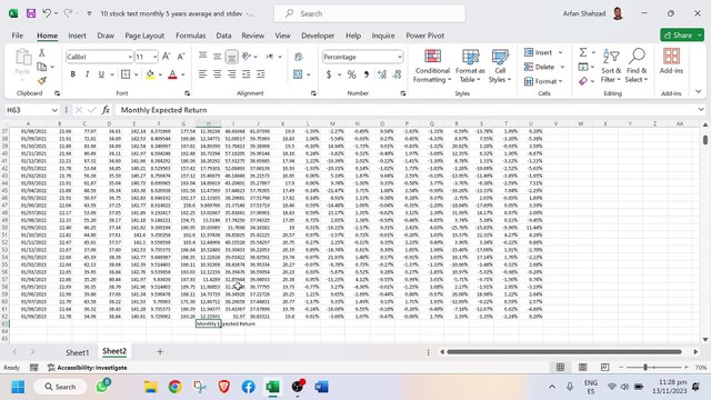 10 stocks portfolio in excel and efficient frontier and tangent line and capital market line in excel calculation of expected return standard deviation of portfolio calculation of variance covariance metrix te stocks portfol