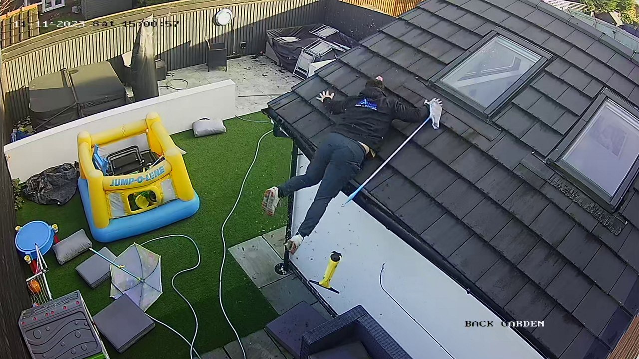 Hilarious footage captures moment Liverpool dad falls off roof while cleaning windows