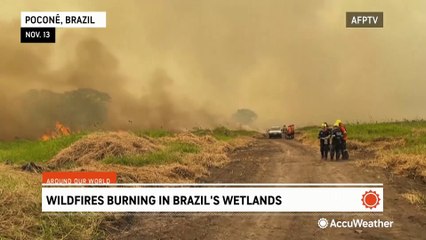 Firefighters battle out-of-control wildfires in Brazil wetlands