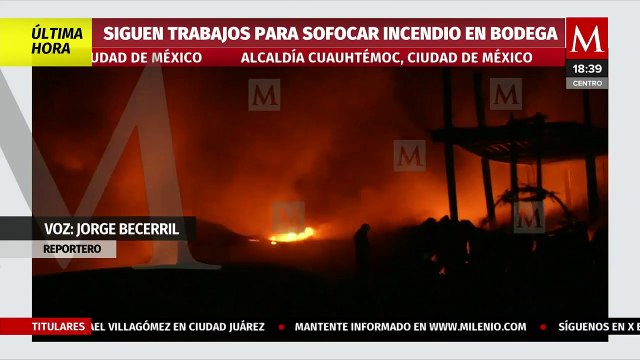 Continúan los trabajos para sofocar el incendio de bodega en la alcaldía Cuauhtémoc, CdMx