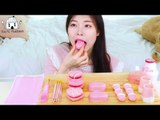 ASMR MUKBANG| Pink Desserts(Jelly noodles, Watermelon Sherbet, Strawberry Macaroon, Ice cream)
