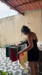 Bird Pesters Woman Doing Laundry