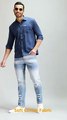 REGULAR FIT BLUE PRINTED DENIM SHIRT FOR  MEN