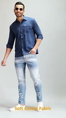 REGULAR FIT BLUE PRINTED DENIM SHIRT FOR  MEN