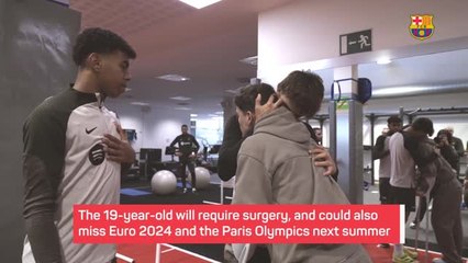 Gavi embraced by Barcelona team-mates after season-ending injury