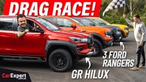 Drag race: Toyota HiLux GR Sport v Raptor v V6 Ranger v Wildtrak! Surprising results!