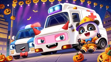 Fire Truck, Police Car, Ambulance at Halloween Party | Halloween | Kids Songs | BabyBus