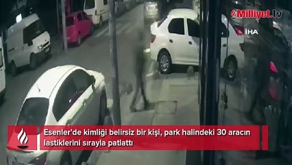 Esenler’de şoke eden görüntü! 30 aracın lastiklerini sırayla patlattı