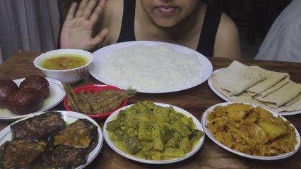 Eating Gulab Jamun, Fish Fry, Chapati, Dal, White Rice, Eggplant Fry, Cabbage with Potato Dry, Mix Veg | Mukbang