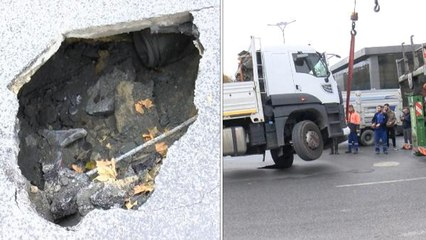 Başakşehir'de asfalt çöktü; kamyonun tekerleği çukura düştü