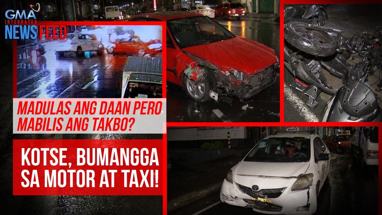 Madulas ang daan pero mabilis ang takbo? Kotse, bumangga sa motor at taxi! | GMA Integrated Newsfeed