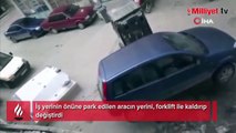 Yanlış yere park edilen aracı fotkliftle kaldırdı