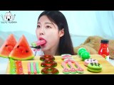ASMR MUKBANG| Watermelon Desserts(Chocolate spoon, Macaroon, Jelly Straw, Donut Jelly, Juice)