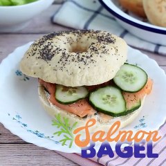 Salmon, cucumber, and cream cheese bagel