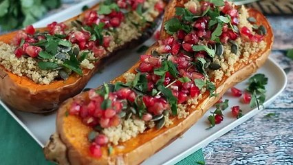 Vegan quinoa stuffed butternut squash with pomegranate