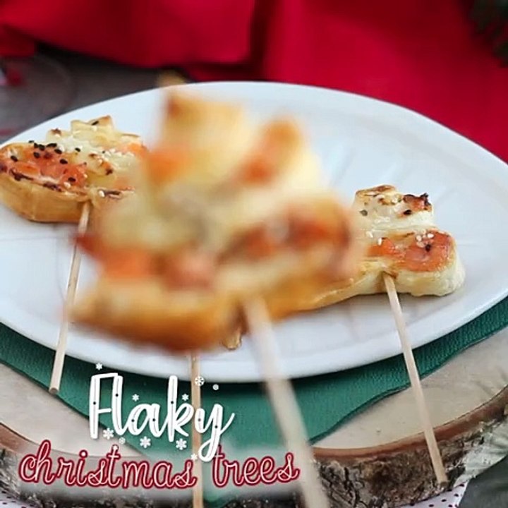 Flaky puff pastry christmas trees with two types of salmon