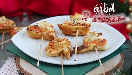 Flaky puff pastry christmas trees with two types of salmon
