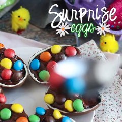 Chocolate easter eggs filled with chocolate custard and topped with m&m's