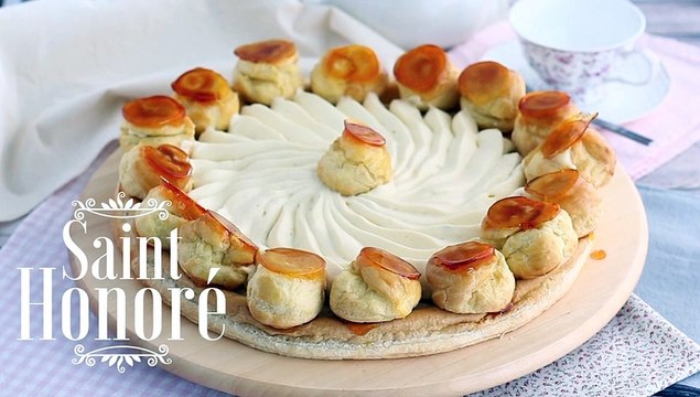 Tarte saint honoré / tarte santo honório (tarte francesa com massa folhada e choux recheados)