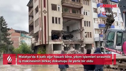 4 katlı ağır hasarlı bina saniyeler içerisinde yıkıldı