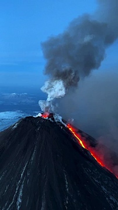Aerial Footage of Klyuchevskaya Volcano Erupting