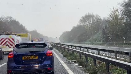 Snow falling on the M2 between Sittingbourne and Faversham