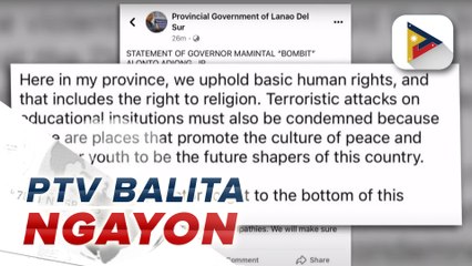 Lanao del Sur Gov. Adiong, kinondena ang pambobomba sa Mindanao State University gym kanina