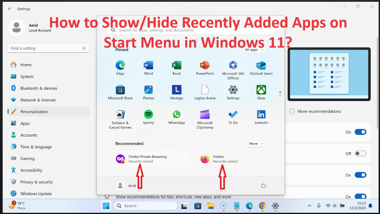 How to Show/Hide Recently Added Apps on Start Menu in Windows 11?