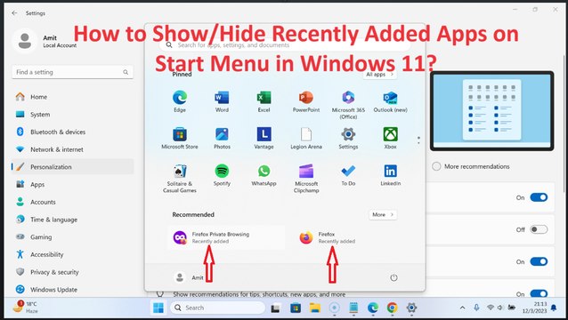 How to Show/Hide Recently Added Apps on Start Menu in Windows 11?