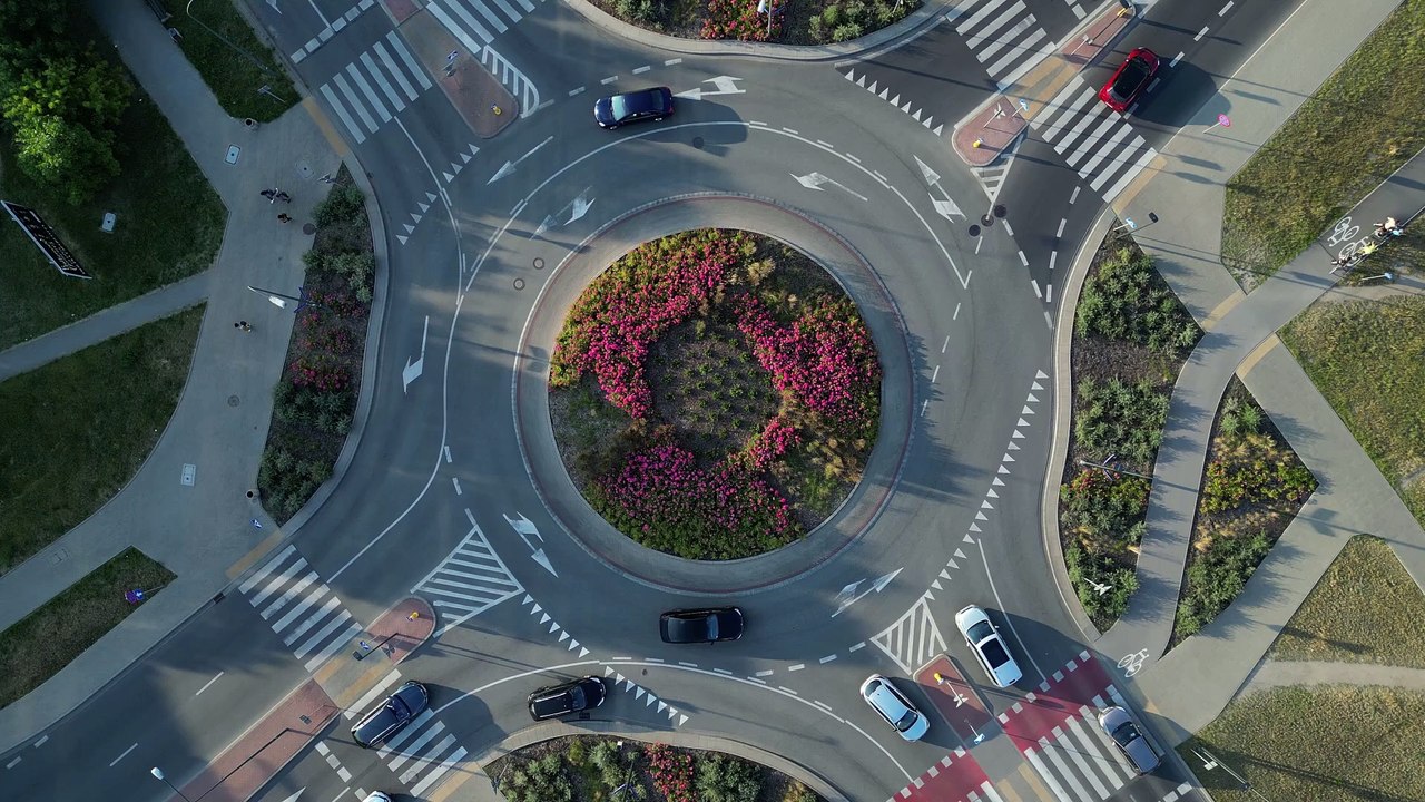 Top-down view of a roundabout with flowers in the center.
