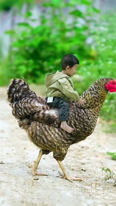 Child riding a chicken haha