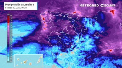 Ya están aquí el frente y el río atmosférico: previsión de precipitaciones acumuladas