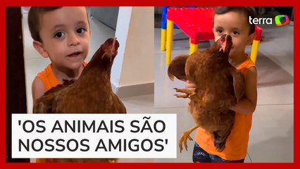 Menino surpreende mãe ao 'fazer amizade' com galinha e levar animal para dentro de casa