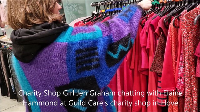 Charity Shop Girl Jen Graham chatting with reporter Elaine Hammond at the Guild Care charity shop in Hove