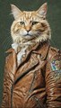 Charming blond real cat with a nice leather jacket