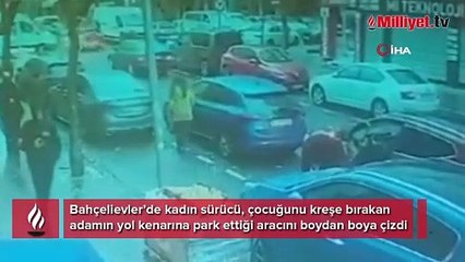 Kadın sürücüden şoke eden hareket! Önündeki aracı anahtarıyla boydan boya çizdi