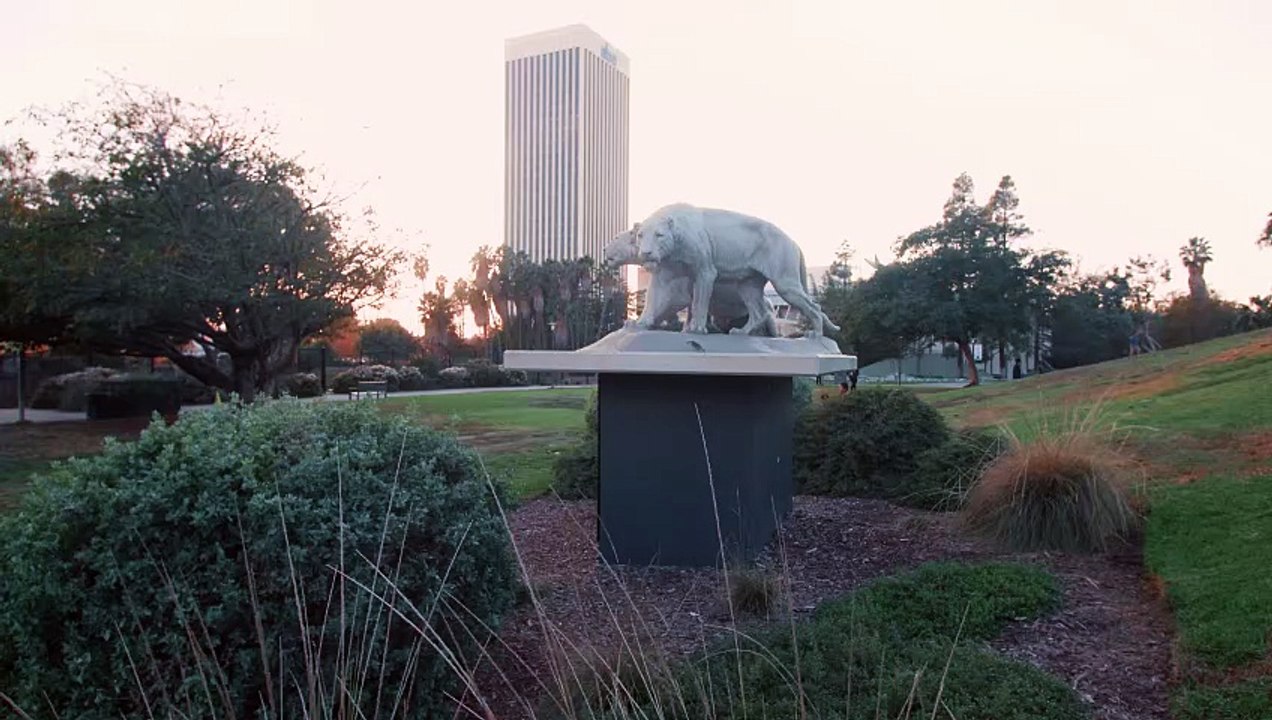 Tracking Shot Going Left Of Sculptures And Garden At La Brea Tar Pits In 4K.