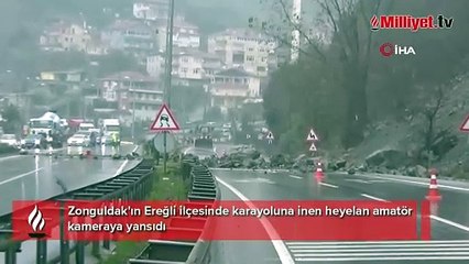 Dev kayaların düştüğü heyelan anı kamerada