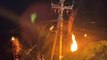Tiang listrik terbakar di simpang 3 Candidasa menuju Tenganan, Karangasem, Minggu (10/12) malam