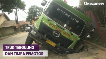 Nahas, Truk Terguling dan Timpa Pemotor di Legok
