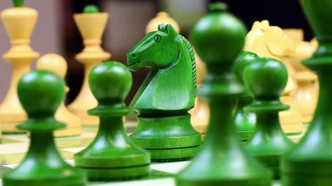 Reproduced Russian (Soviet Era) Series Chess Pieces in Stained Green Ash Burl / Box Wood - 3.7" King