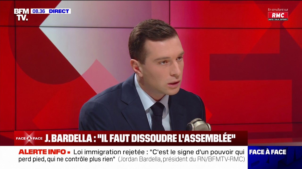 Après le rejet de la loi immigration, Jordan Bardella appelle à la dissolution de l'Assemblée nationale et à la démission de Gérald Darmanin