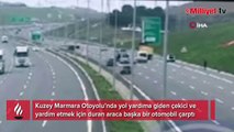 Kuzey Marmara Otoyolu’nda yol yardıma giden çekici ve yardım etmek için duran araca başka bir otomobil çarptı