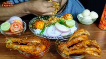 HUGE EATING! CHICKEN CURRY CHICKEN FEET CURRY FISH BHUNA EGG MASALA ROSOGOLLA RICE & SALAD - SOUNDS