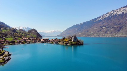 Aerial view of the famous Iseltwald village on the shores of lake Brienz near Interlaken.